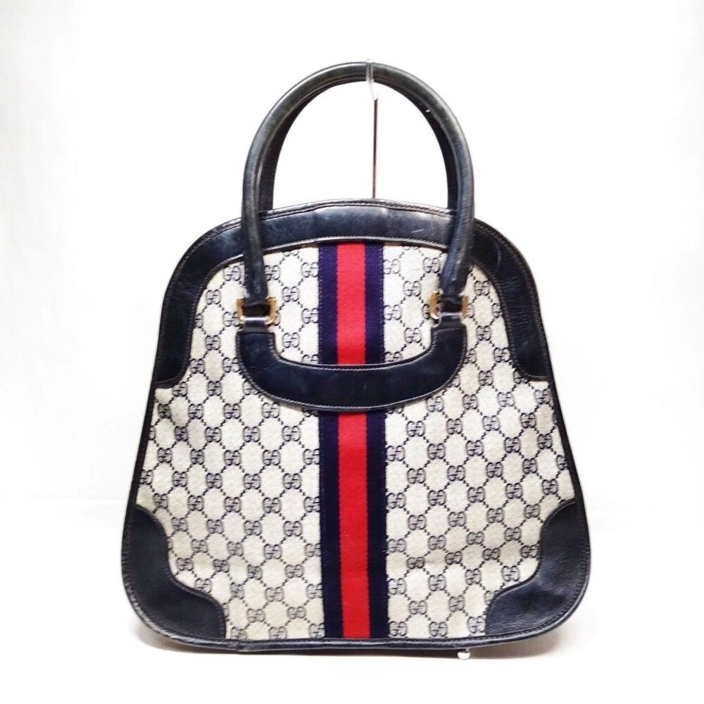 Vintage Gucci Gg Supreme Top Handle Satchel Web Stripe Navy Leather